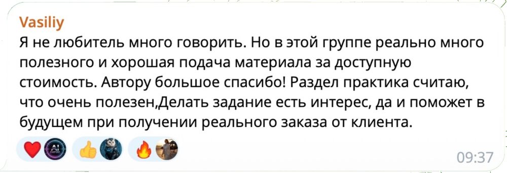 Отзыв Vasiliy: раздел практика помогает в будущем при получении реального заказа